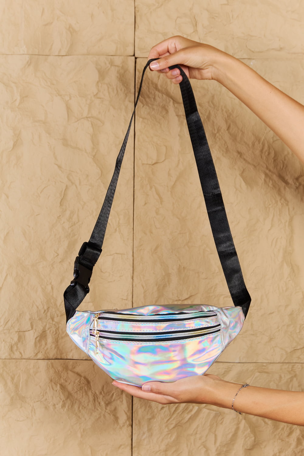 Fame Holographic 80s Double Zipper Fanny Pack in Silver Waist Pack, Small Purse, Waist Belt Purse Good Vibrations