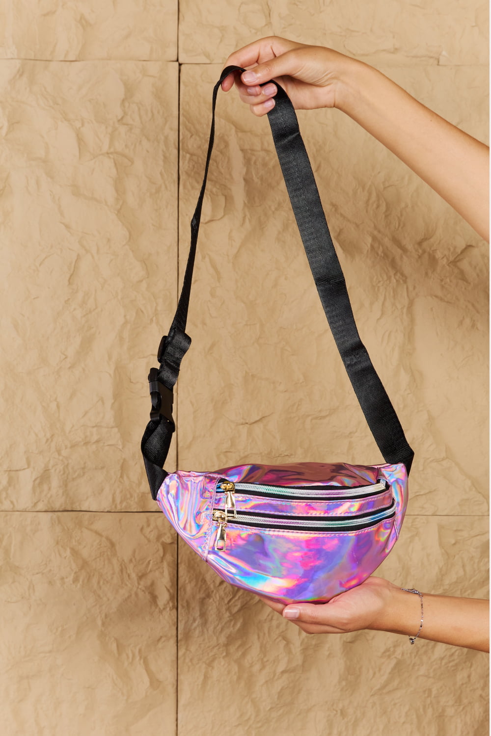 Fame Holographic Double Zipper 80s Fanny Pack in Hot Pink Waist Pack, Small Purse, Waist Belt Purse Good Vibrations