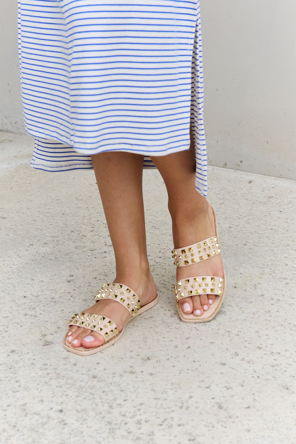 Forever Link Studded Double Strap Slide On Slip In Flat Jelly Sandals Nude Color