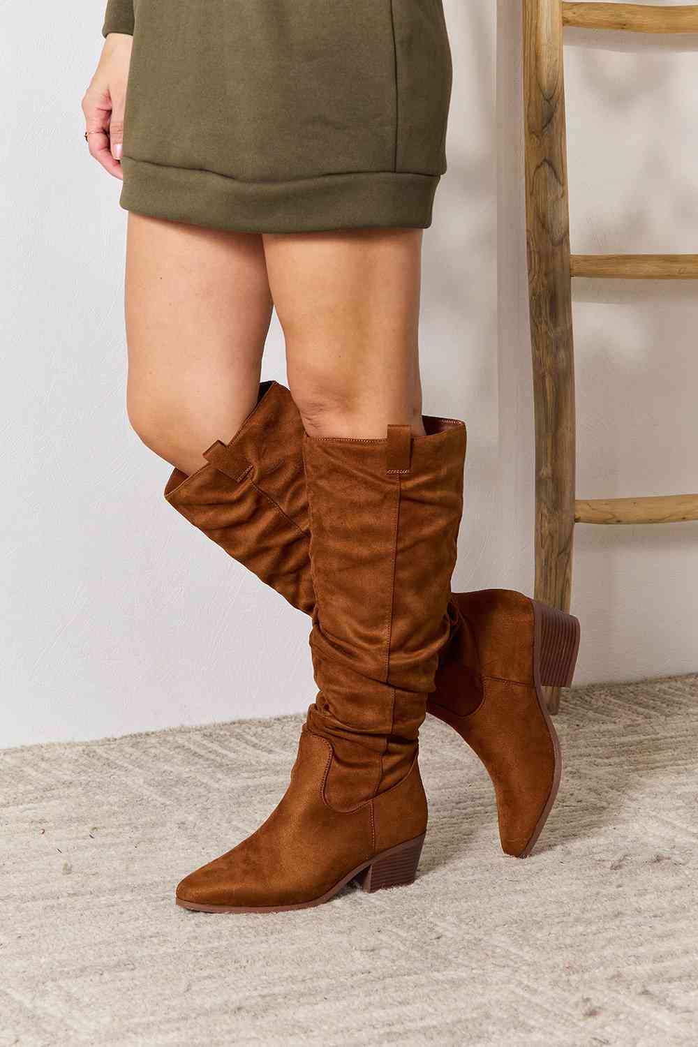 East Lion Corp Knee High Boots Scrunchie Tan Chestnut Block Heel Boots