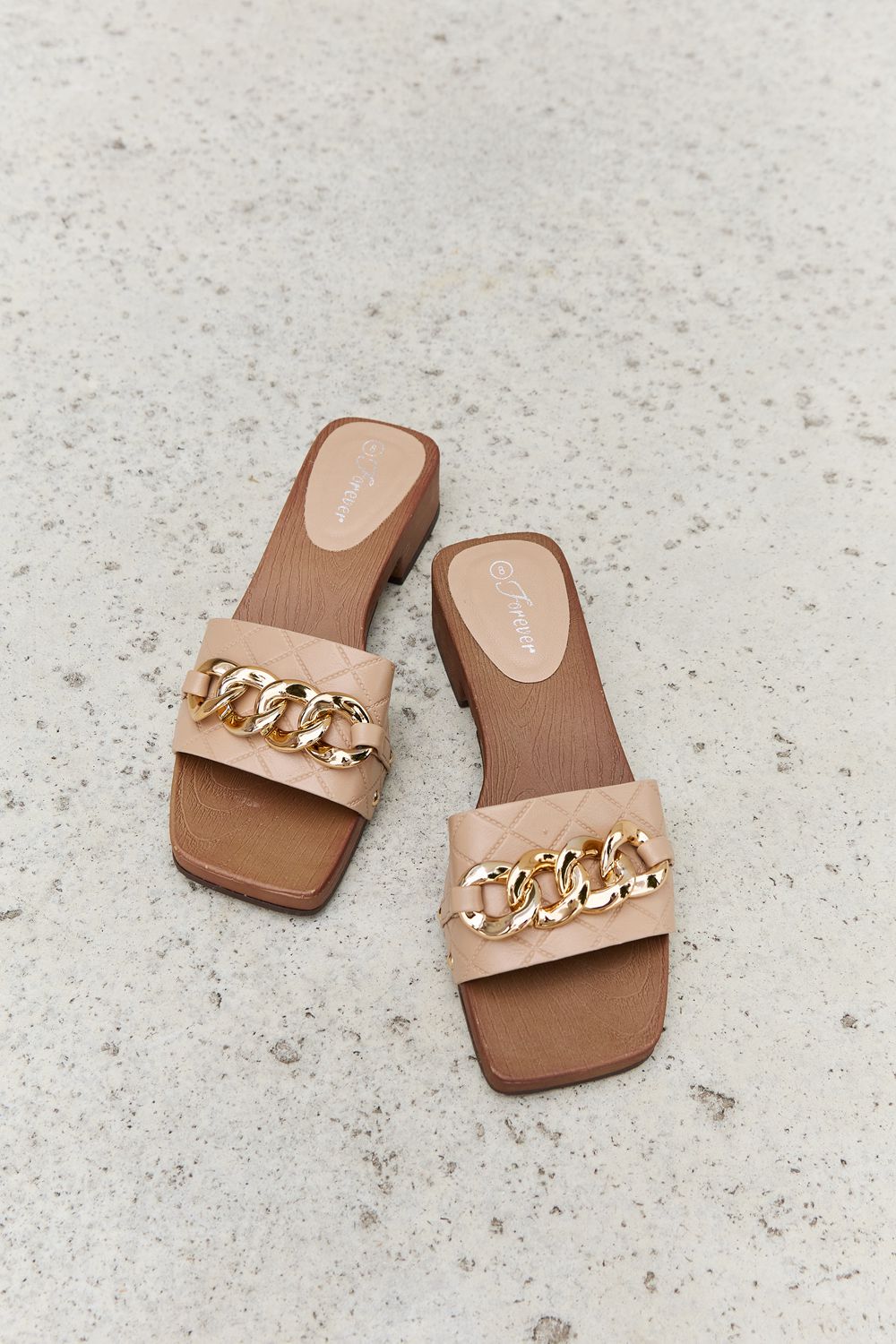 Forever Link Square Toe Gold Tone Chain Detail Clog Slide On Slip In Sandals in Tan