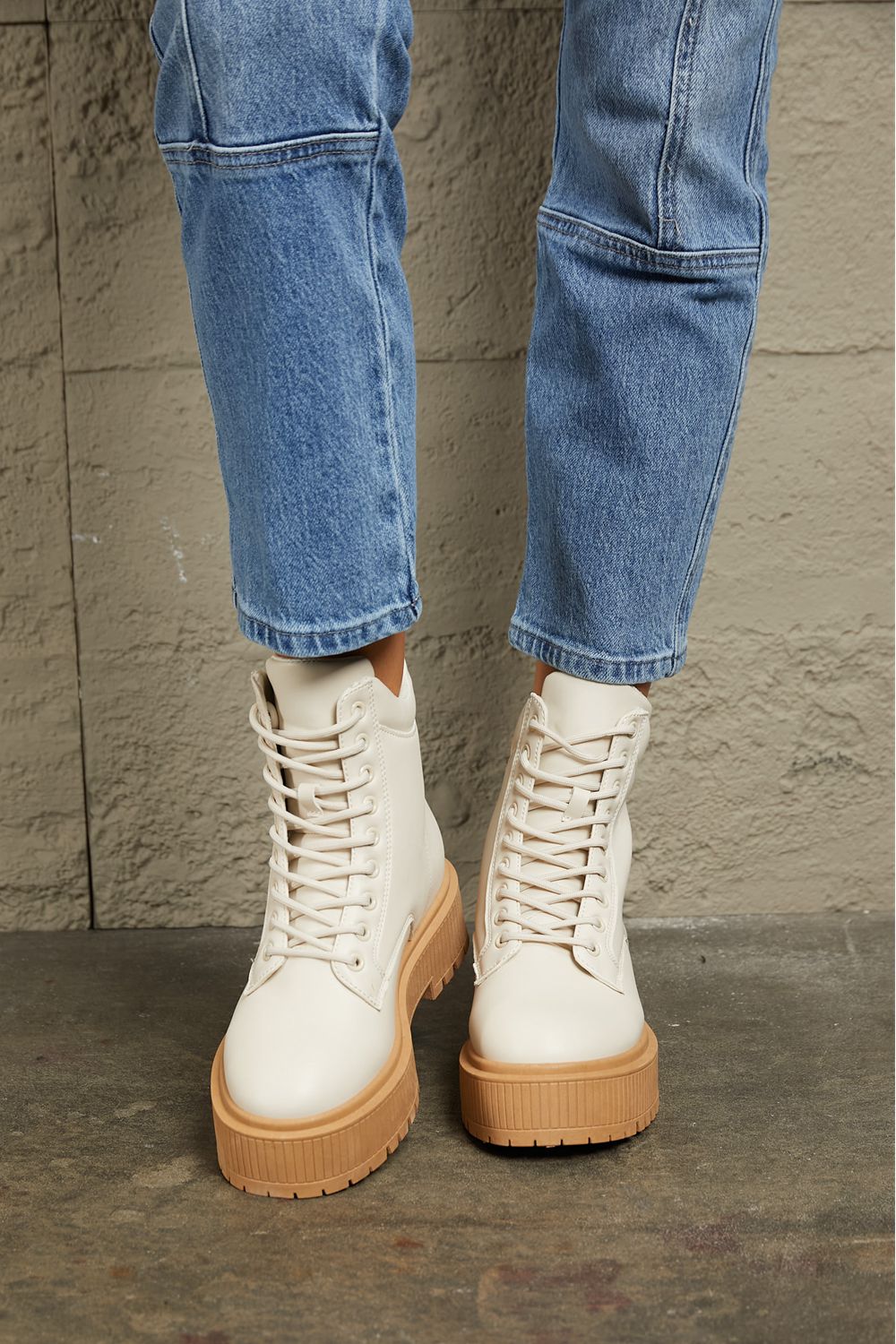 East Lion Corp Platform High Top Ivory White Chunky Sole Thick Lace Up Combat Boots