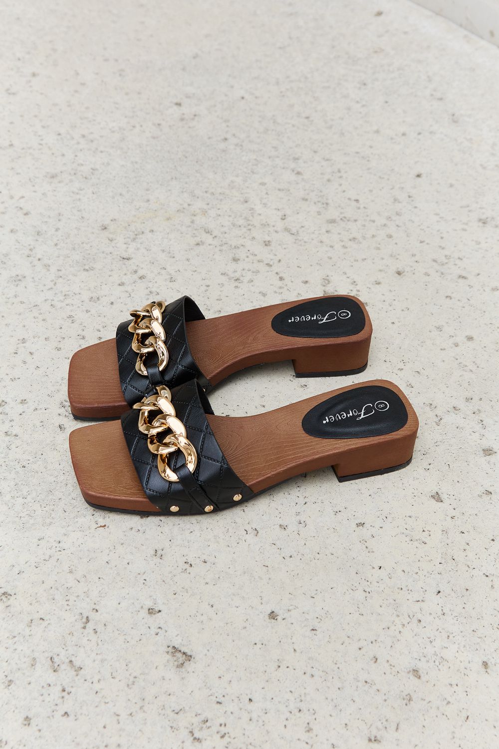 Forever Link Square Toe Gold Tone Chain Detail Clog Slide On Slip In Sandals in Black