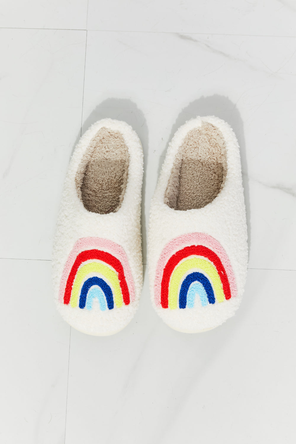 MMShoes Rainbow Fuzzy Teddy Bear Plush Slide On Comfy Slippers Multicolor on White