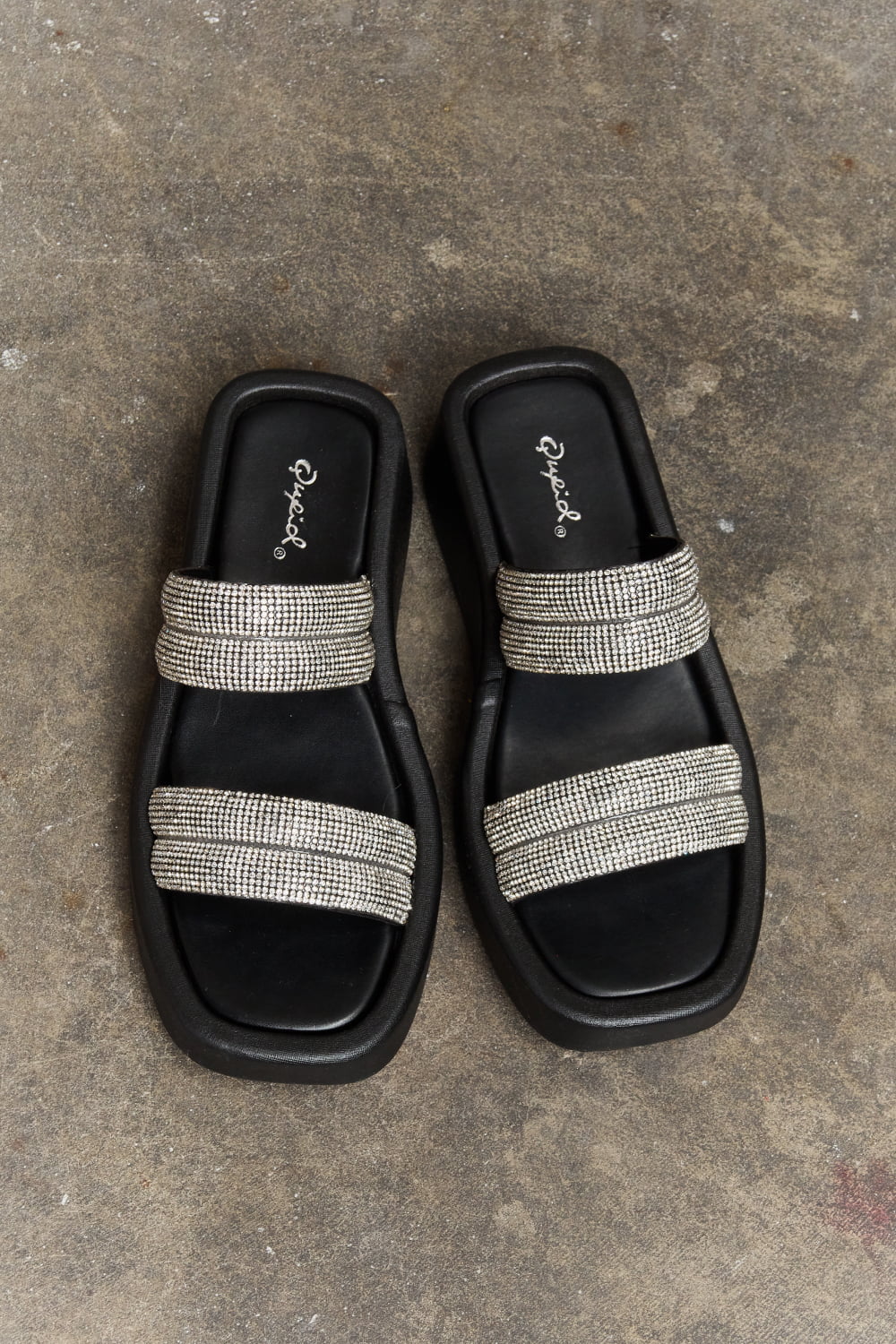 Qupid Platform Wedge Faux Rhinestone Thick Chunky Sole Slide On Slip In Sandals in Black