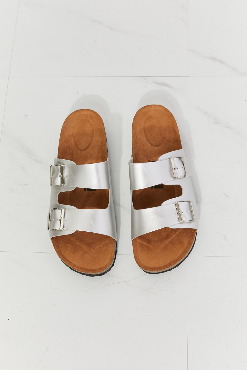 MMShoes Double Buckle Banded Slide On Flat Sandals in Silver Best Life Melody