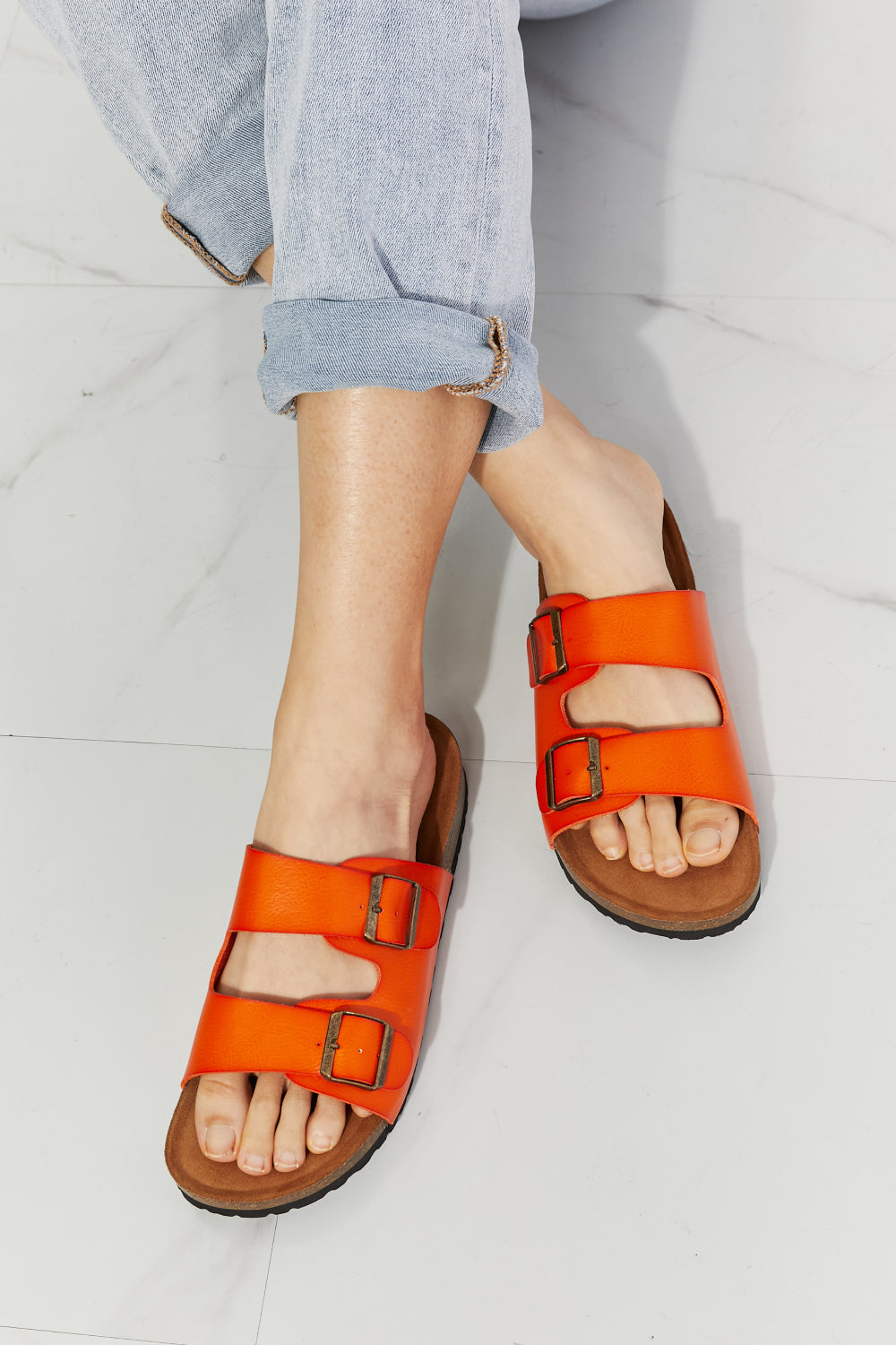 MMShoes Double Buckle Banded Slide On Flat Sandals in Orange Melody Feeling Alive