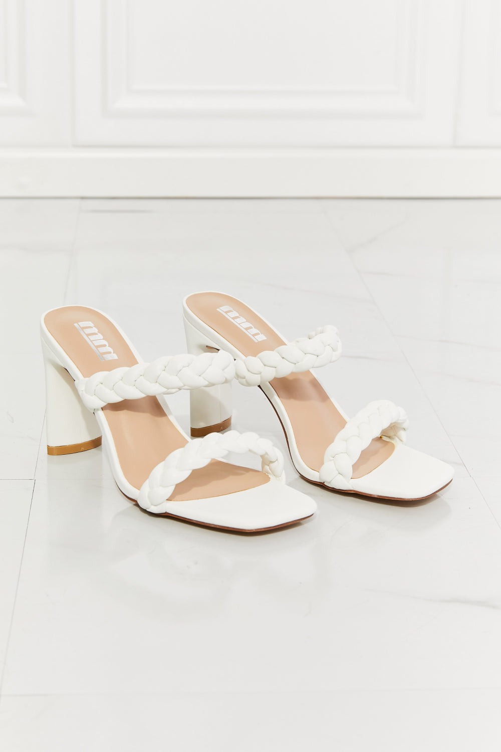 MMShoes Double Braided Cross Strap Block High Heel Slide On Slip In Sandals in White