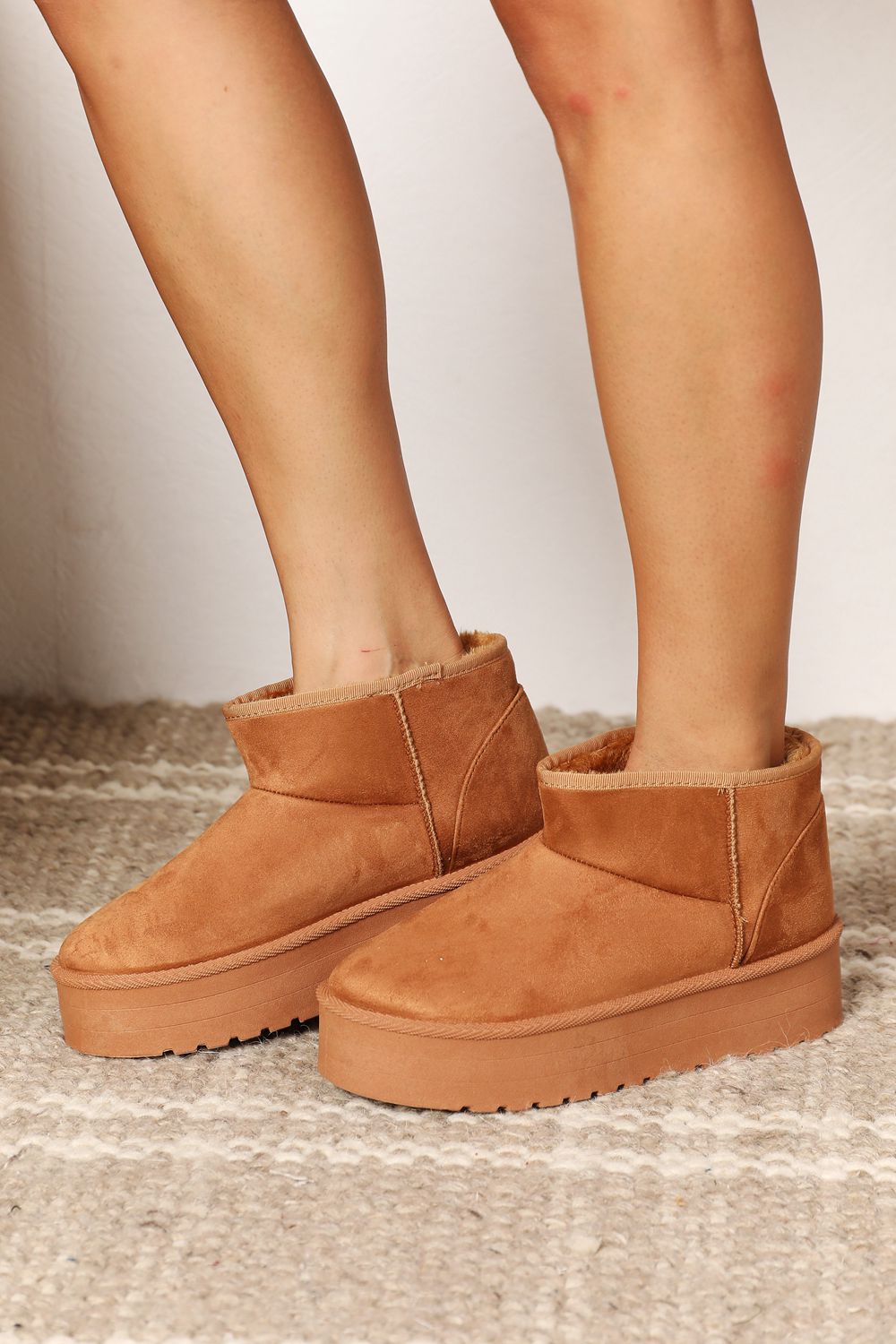 Legend Platform Fleece Lined Chunky Thick Sole Mini Ankle Bootie Camel Tan Boots