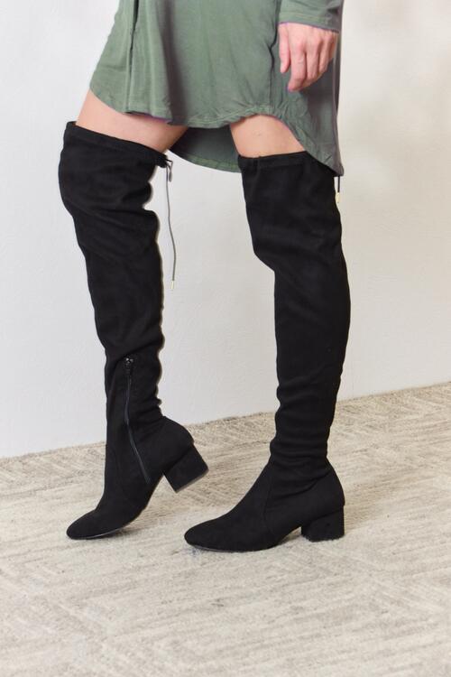 East Lion Corp Over The Knee Black Faux Suede Lace Up Back Comfy Boots