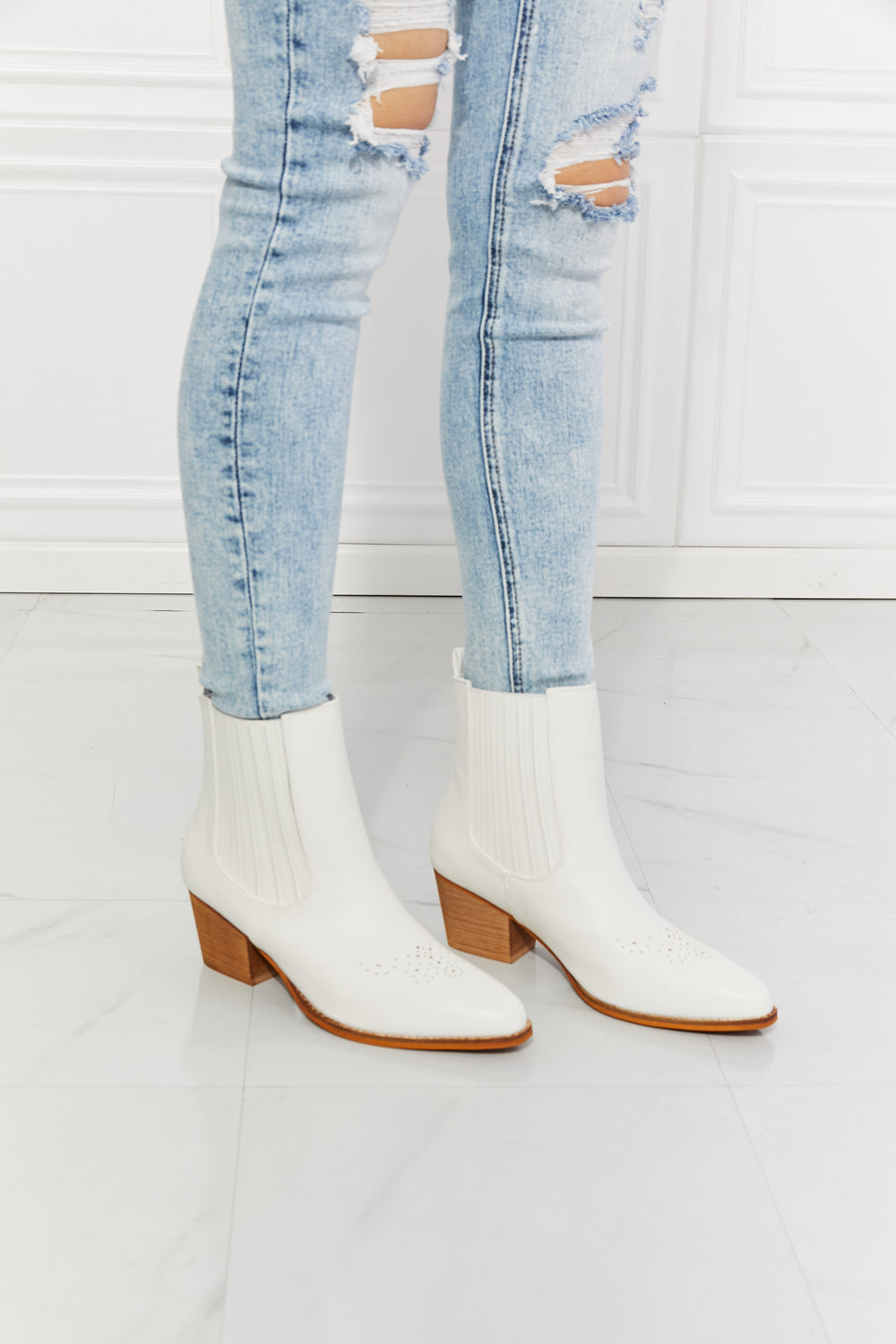 MMShoes Stacked Heel Cowboy Style Chelsea Ankle Bootie Boots in White Love the Journey