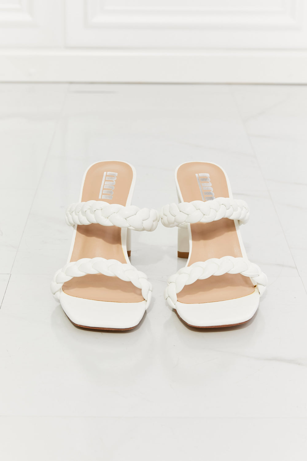 MMShoes Double Braided Cross Strap Block High Heel Slide On Slip In Sandals in White