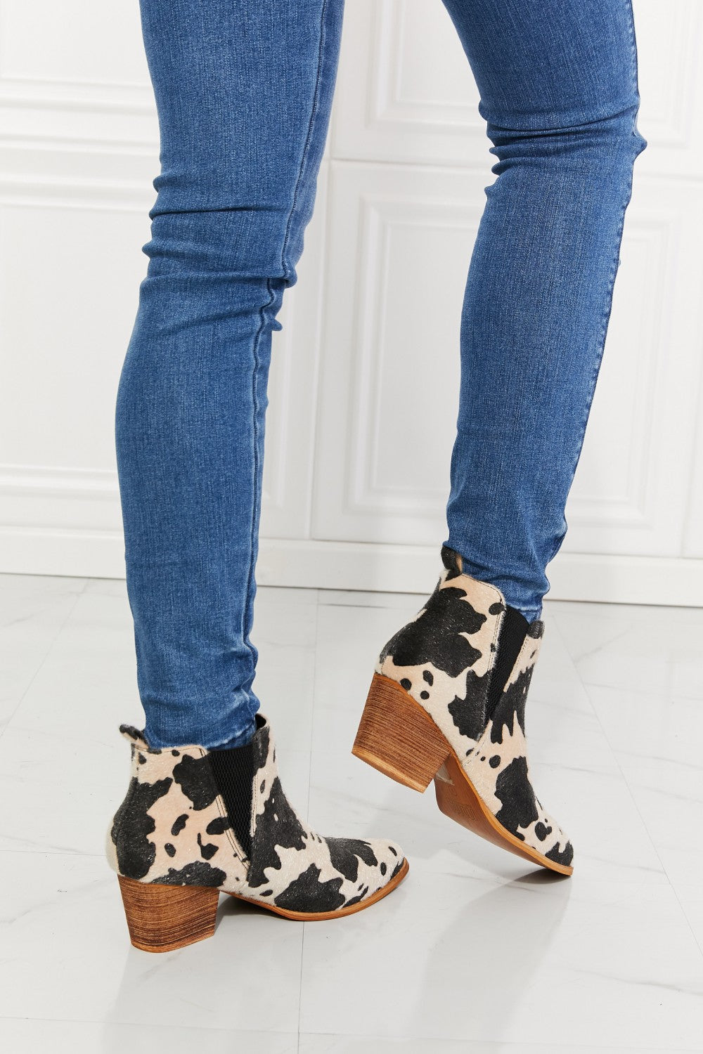 MMShoes Stacked Heel Cowboy Style Pointy Toe Ankle Bootie Boots Beige Cow Print Back At It