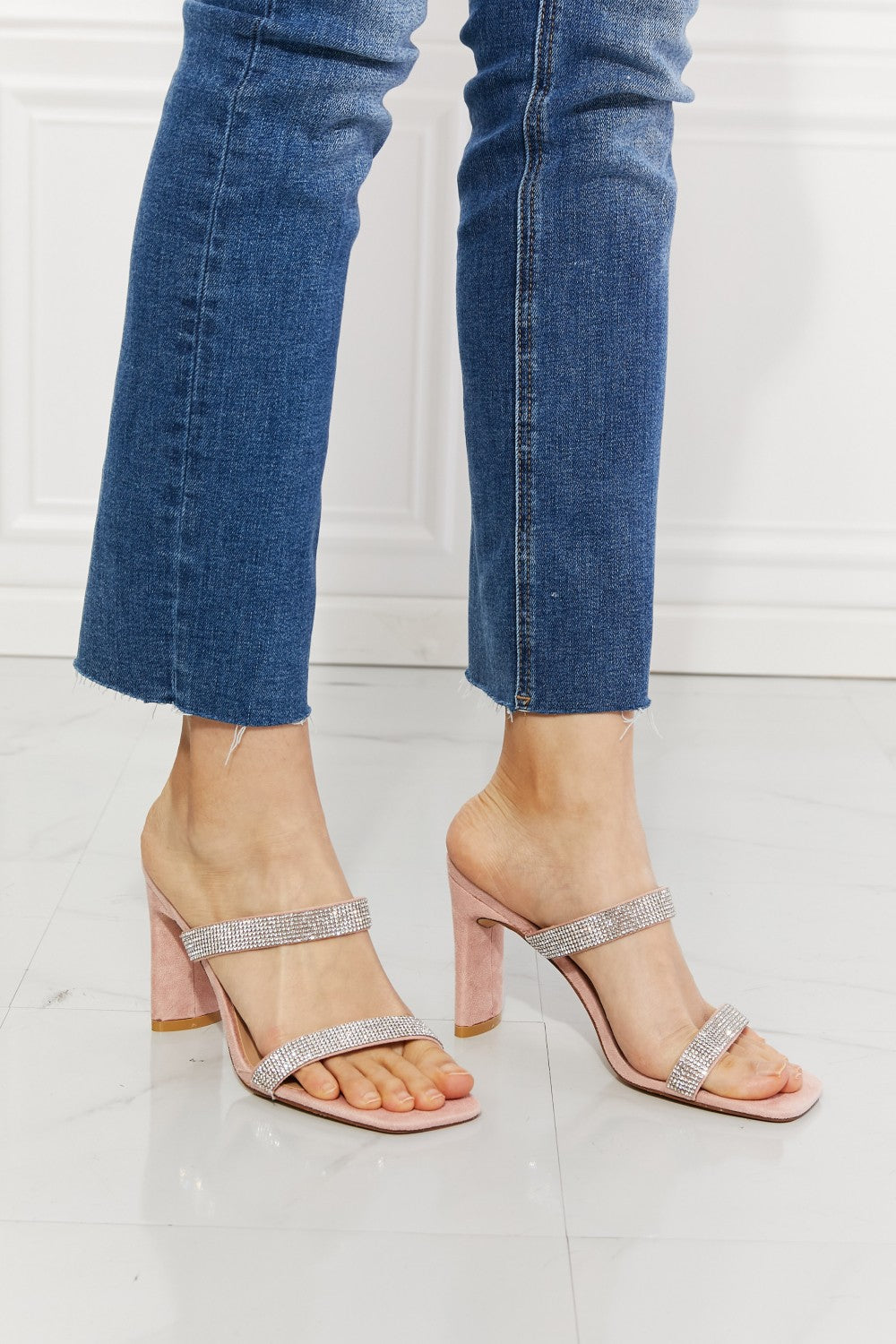 MMShoes Rhinestone Block High Heel Slide On Double Band Sandal in Dusty Pink Rose Leave A Little Sparkle