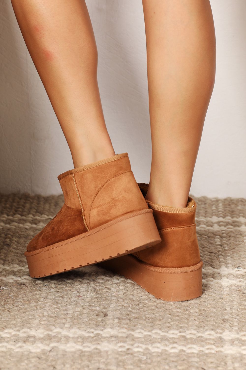 Legend Platform Fleece Lined Chunky Thick Sole Mini Ankle Bootie Camel Tan Boots