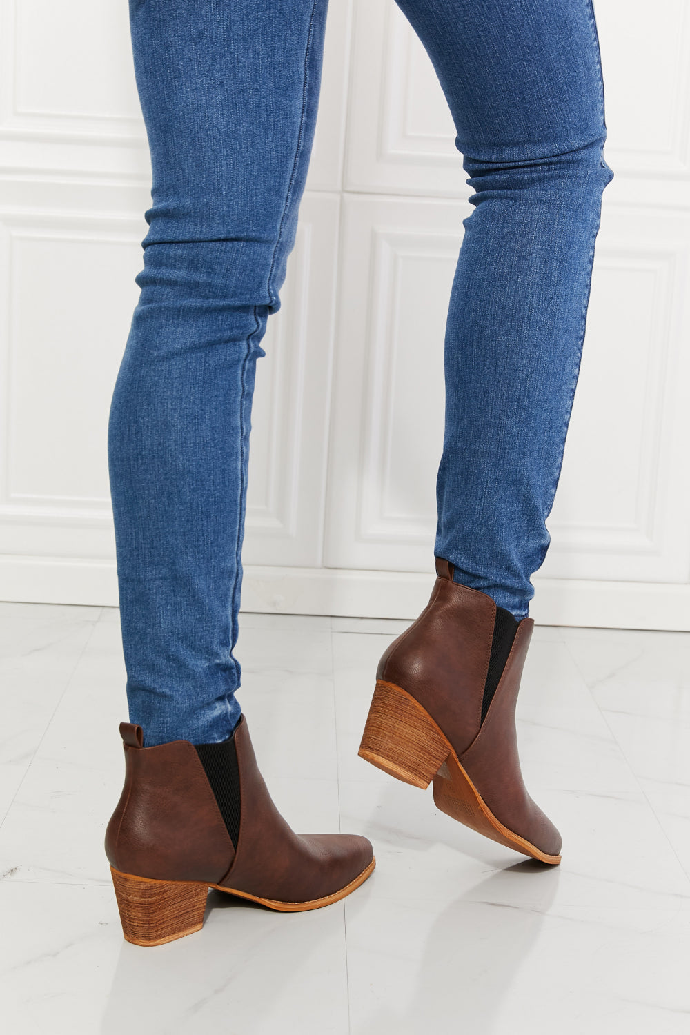 MMShoes Cowboy Style Point Toe Ankle Bootie Boots Stacked Heel in Chocolate Back At It