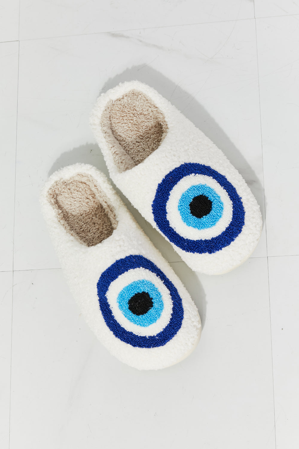 MMShoes Evil Eye Teddy Bear Fuzzy Plush Slide On Blue and White Comfy Slippers