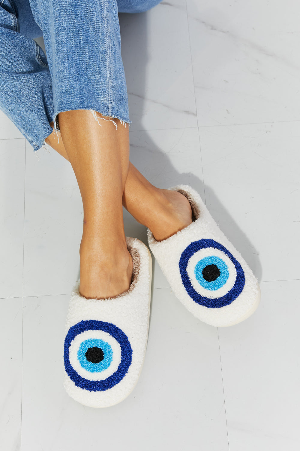 MMShoes Evil Eye Teddy Bear Fuzzy Plush Slide On Blue and White Comfy Slippers