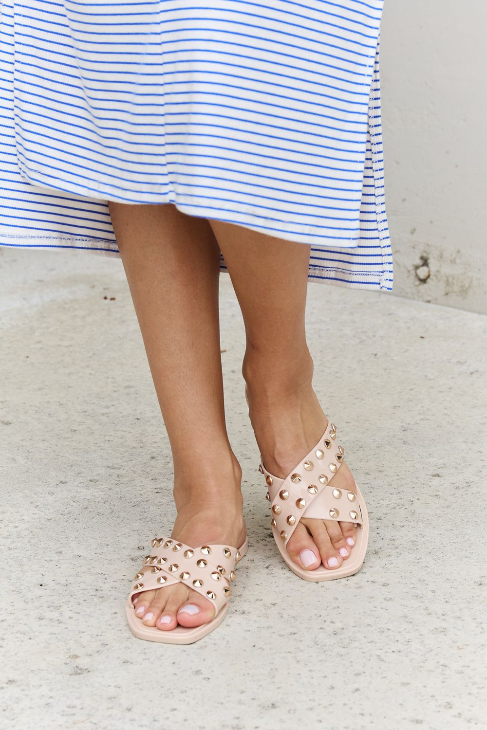 Forever Link Studded Cross Strap Slide On Slip In Flat Sandals in Light Apricot Color
