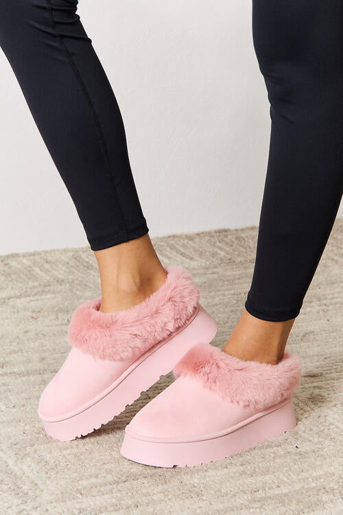 Legend Furry Accented Platform Chunky Thick Sole Pink Fuzzy Comfy Ankle Boots