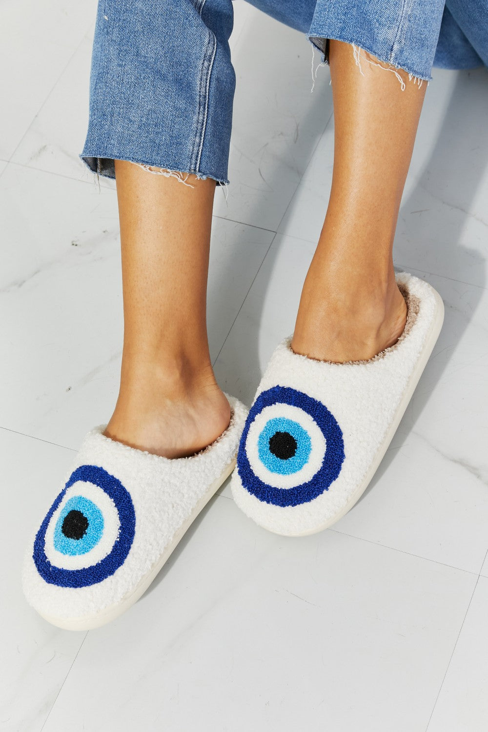 MMShoes Evil Eye Teddy Bear Fuzzy Plush Slide On Blue and White Comfy Slippers