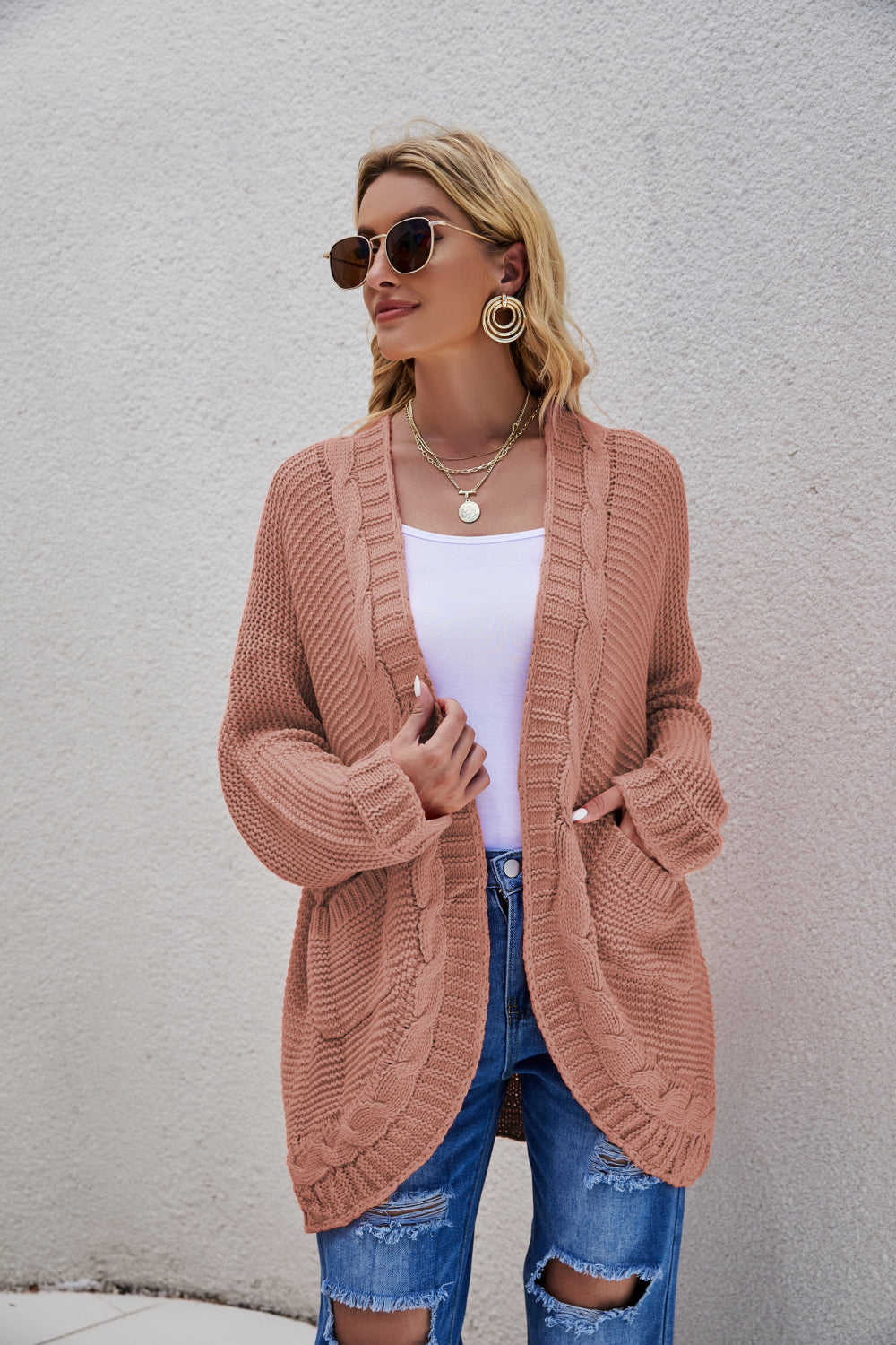 White Label Cable-Knit Curved Hem Open Front Cardigan Sweater Ribbed Trim in Various Colors