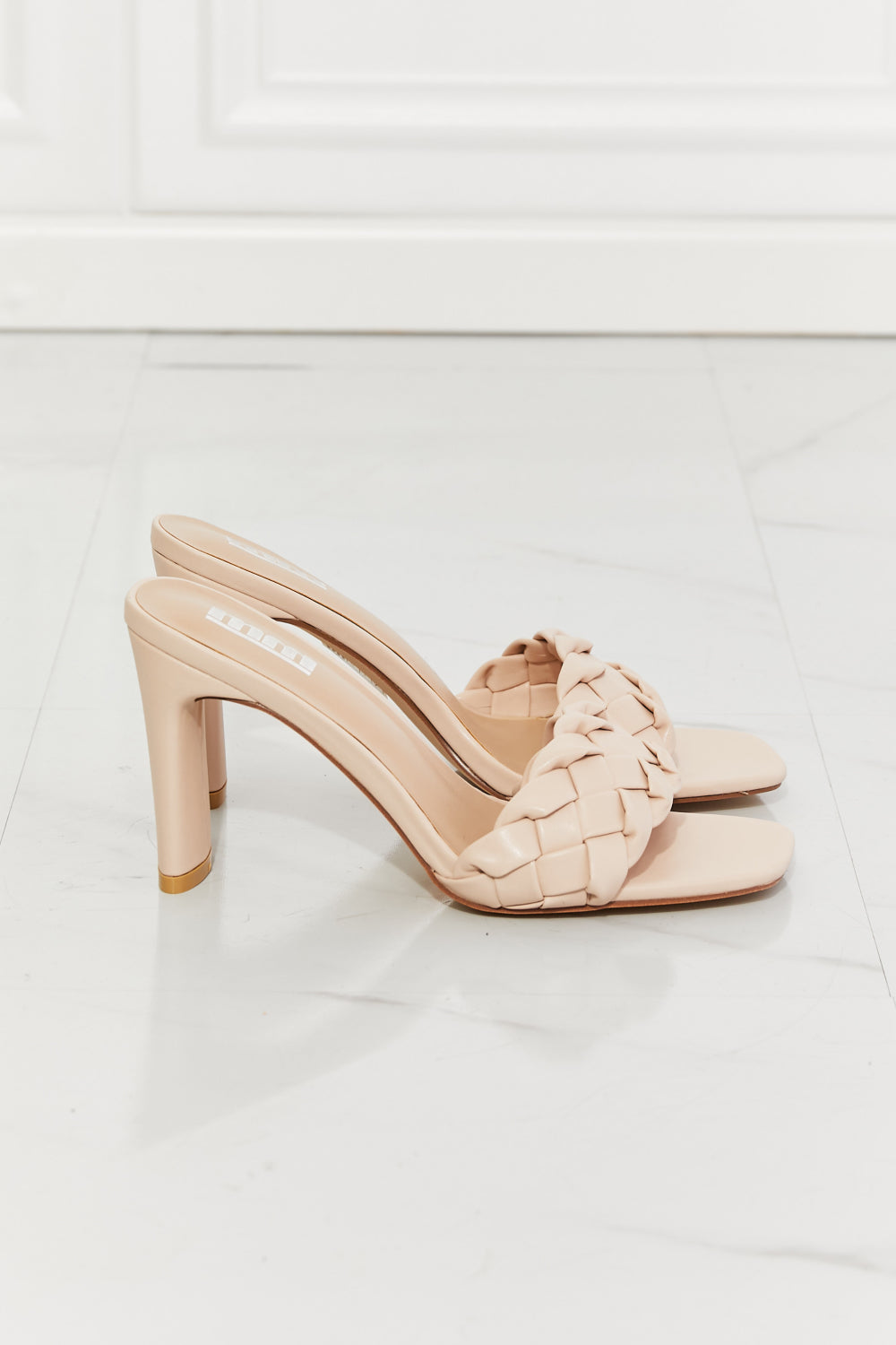 MMShoes Braided Block Heel Square Toe Slide On Slip In High Heeled Sandals in Beige