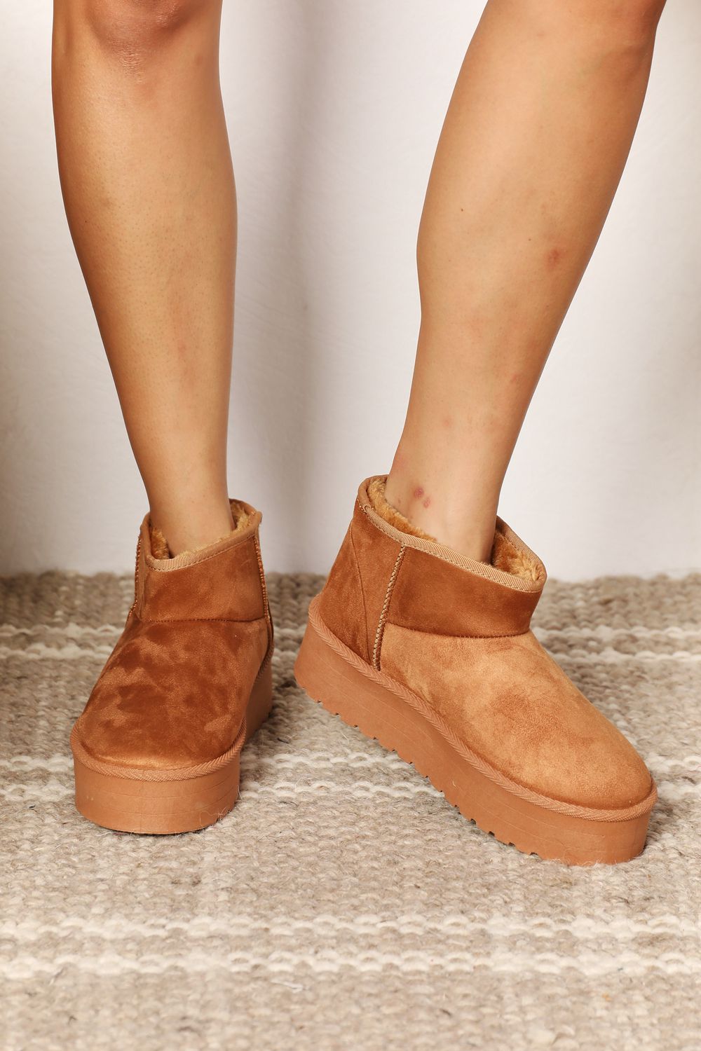 Legend Platform Fleece Lined Chunky Thick Sole Mini Ankle Bootie Camel Tan Boots
