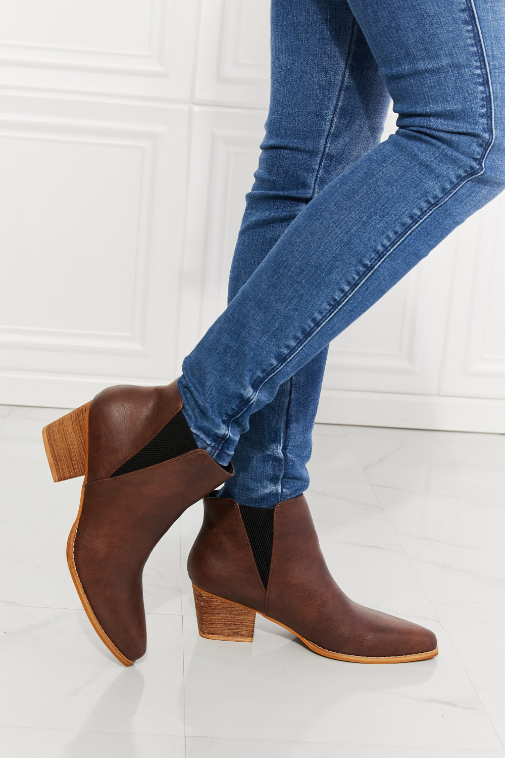 MMShoes Cowboy Style Point Toe Ankle Bootie Boots Stacked Heel in Chocolate Back At It