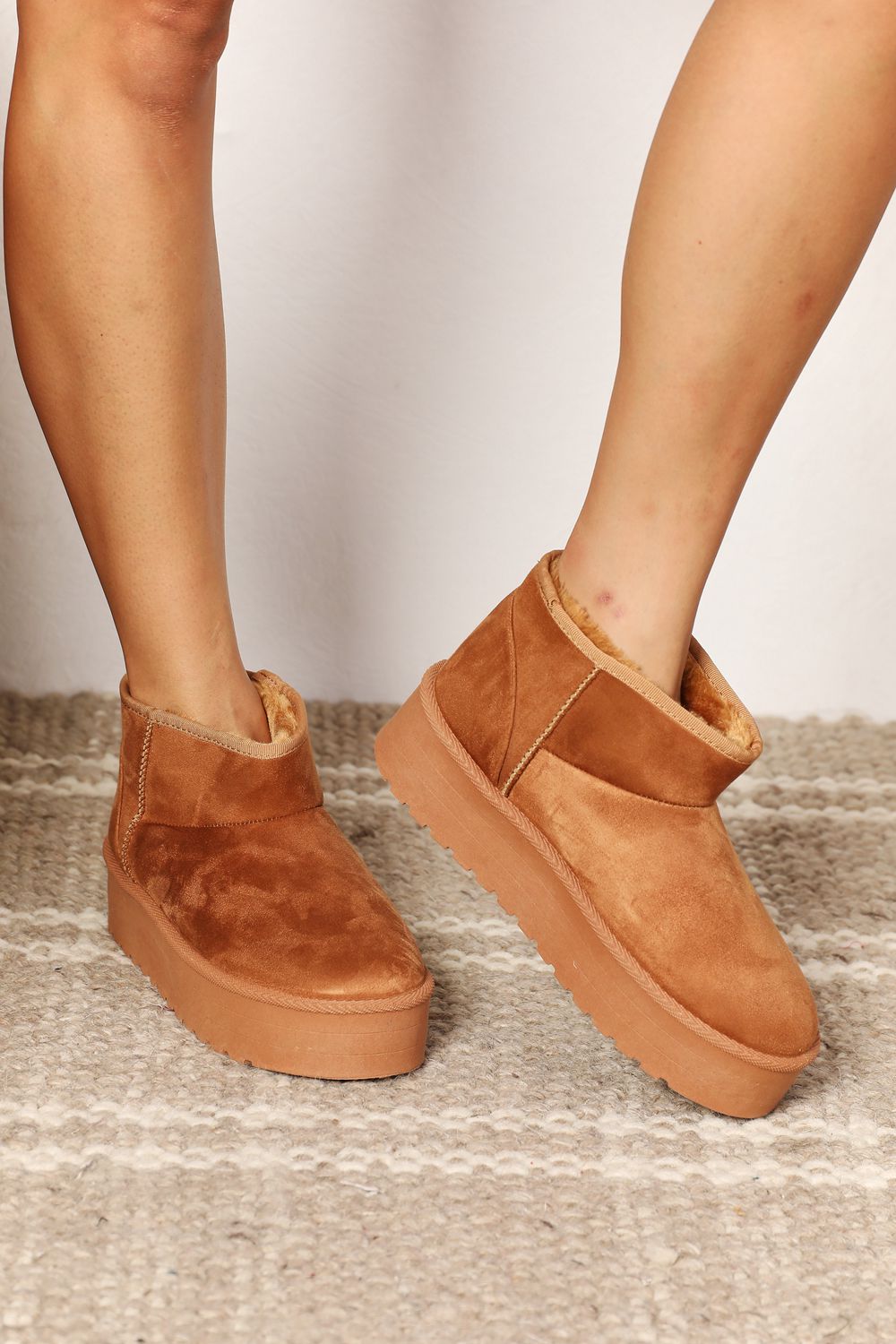 Legend Platform Fleece Lined Chunky Thick Sole Mini Ankle Bootie Camel Tan Boots