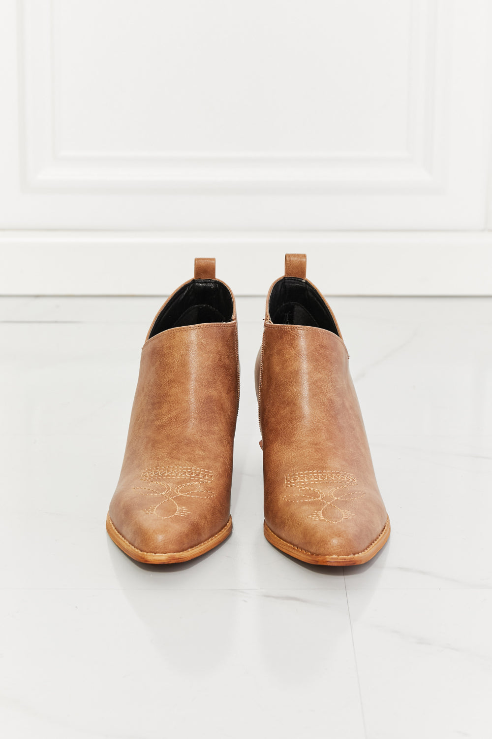 MMShoes Embroidered Crossover Cowboy Bootie Ankle Boots in Caramel Tan Trust Yourself