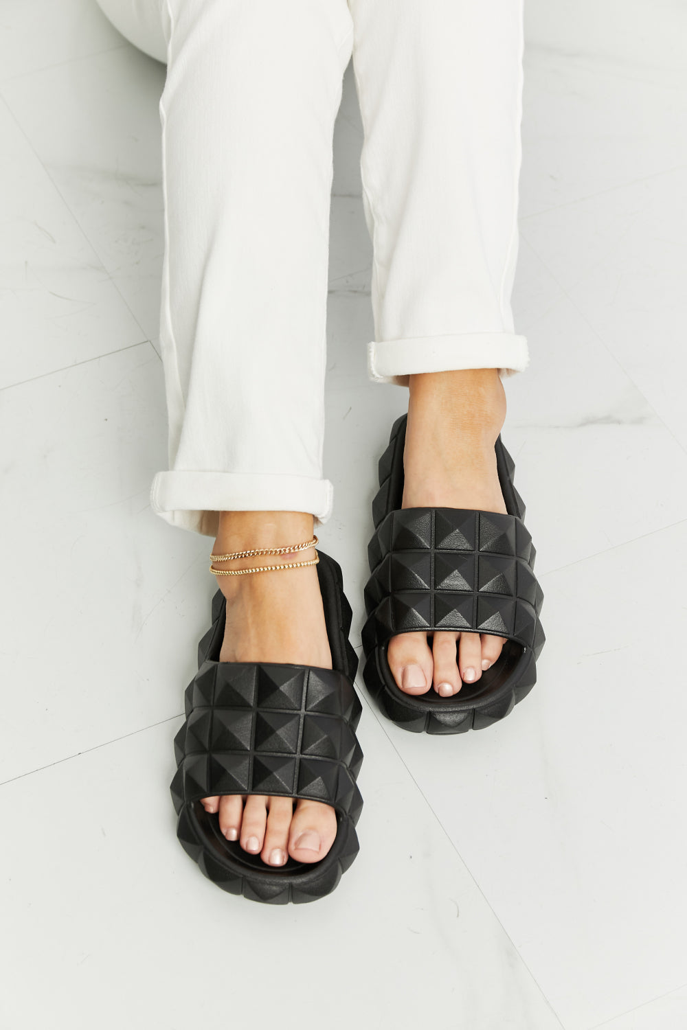 Legend 3D Stud Style Platform Chunky Thick Sole Slide On Flat Black Sandals Let's Chill