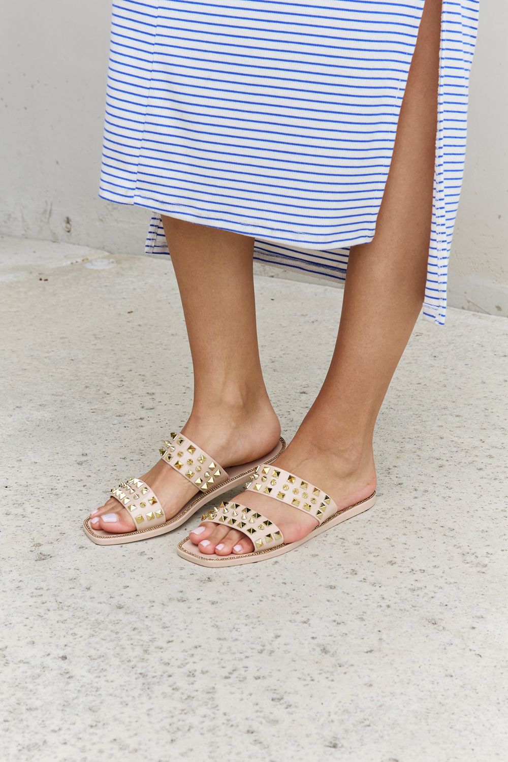 Forever Link Studded Double Strap Slide On Slip In Flat Jelly Sandals Nude Color