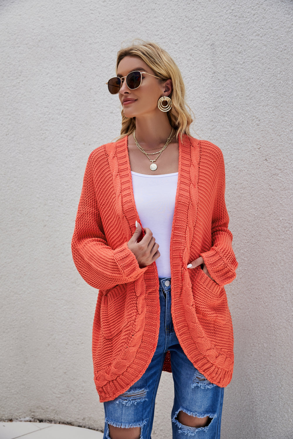 White Label Cable-Knit Curved Hem Open Front Cardigan Sweater Ribbed Trim in Various Colors