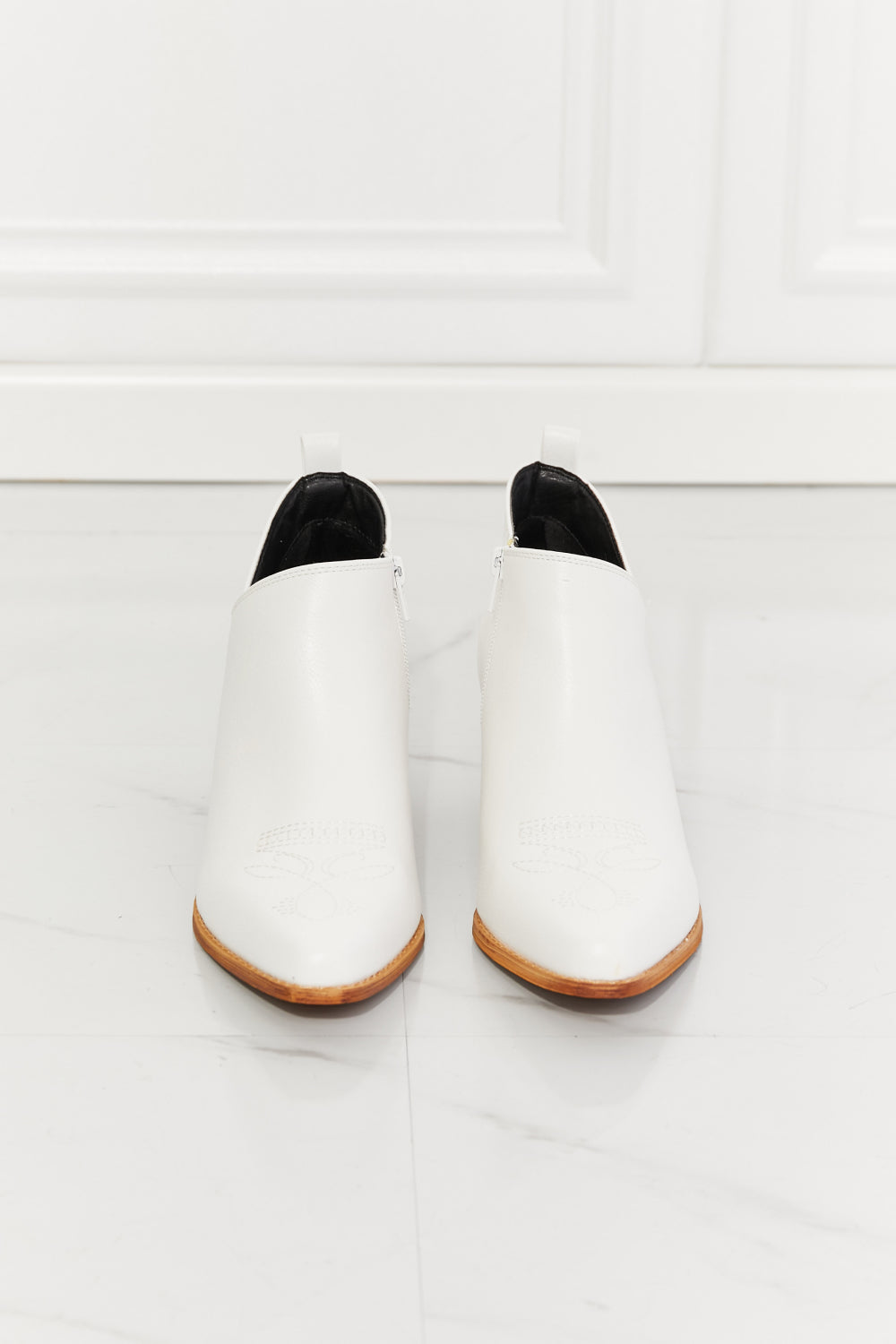 MMShoes Embroidered Crossover Cowboy Bootie Ankle Boots Stacked Heel White Trust Yourself