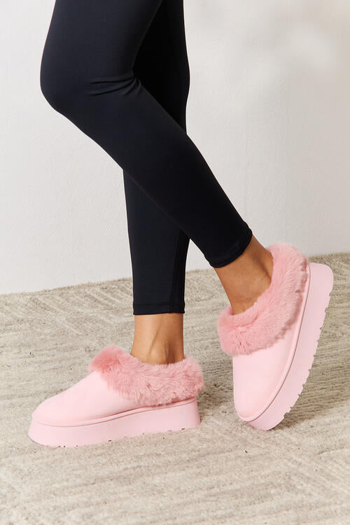 Legend Furry Accented Platform Chunky Thick Sole Pink Fuzzy Comfy Ankle Boots