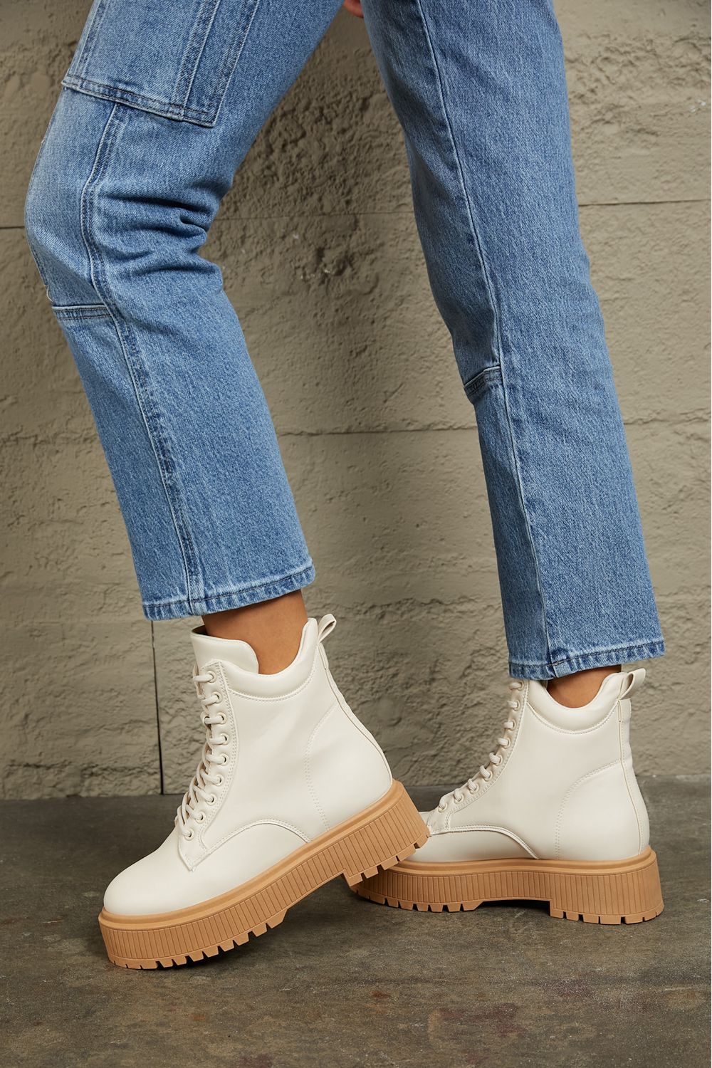 East Lion Corp Platform High Top Ivory White Chunky Sole Thick Lace Up Combat Boots