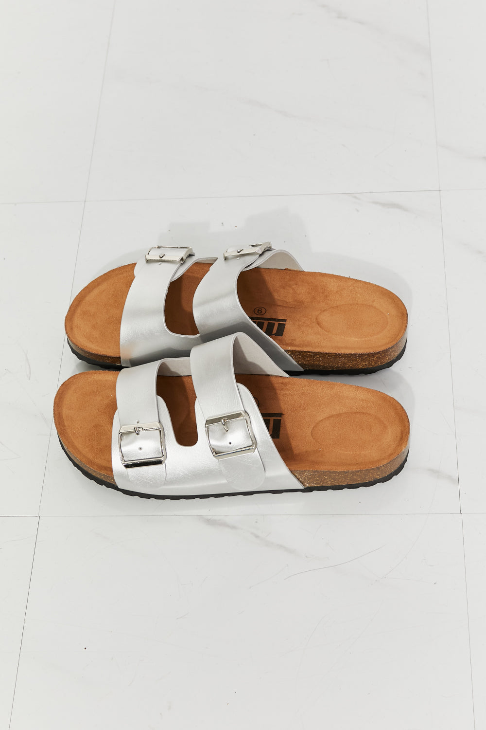 MMShoes Double Buckle Banded Slide On Flat Sandals in Silver Best Life Melody
