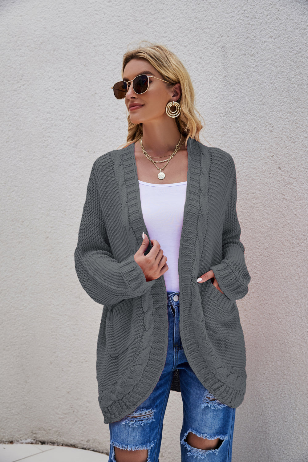 White Label Cable-Knit Curved Hem Open Front Cardigan Sweater Ribbed Trim in Various Colors