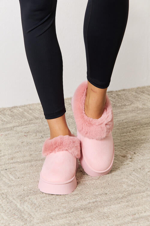 Legend Furry Accented Platform Chunky Thick Sole Pink Fuzzy Comfy Ankle Boots