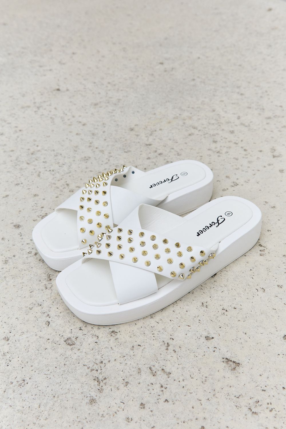 Forever Link Studded Cross Strap Slide On Slip In Platform Thick Sole Sandals in White