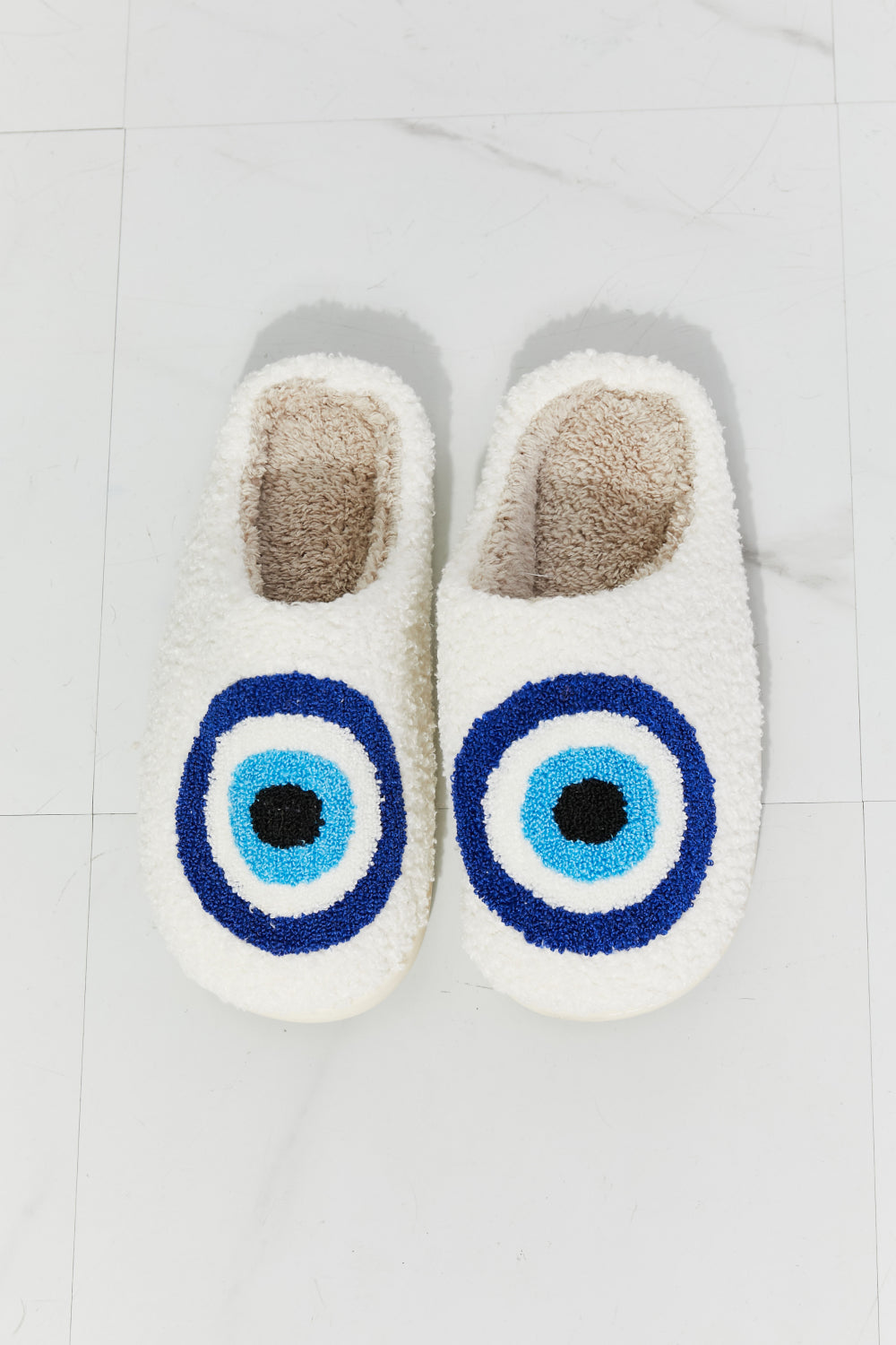 MMShoes Evil Eye Teddy Bear Fuzzy Plush Slide On Blue and White Comfy Slippers