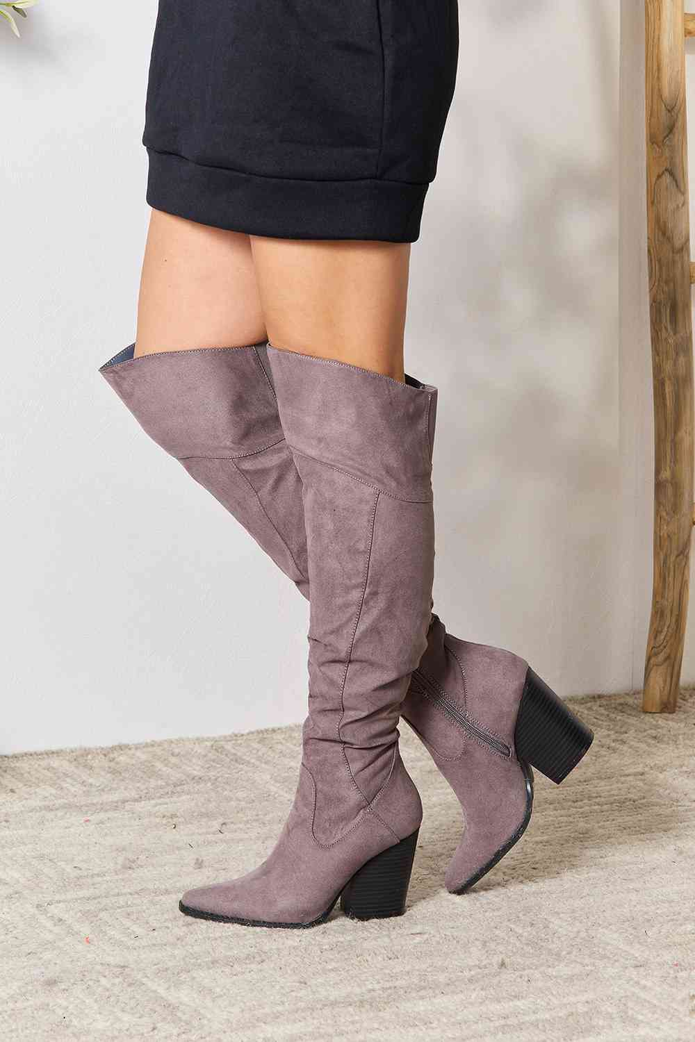 East Lion Corp Knee High Boots Block Heel Gray Faux Suede Riding Boots