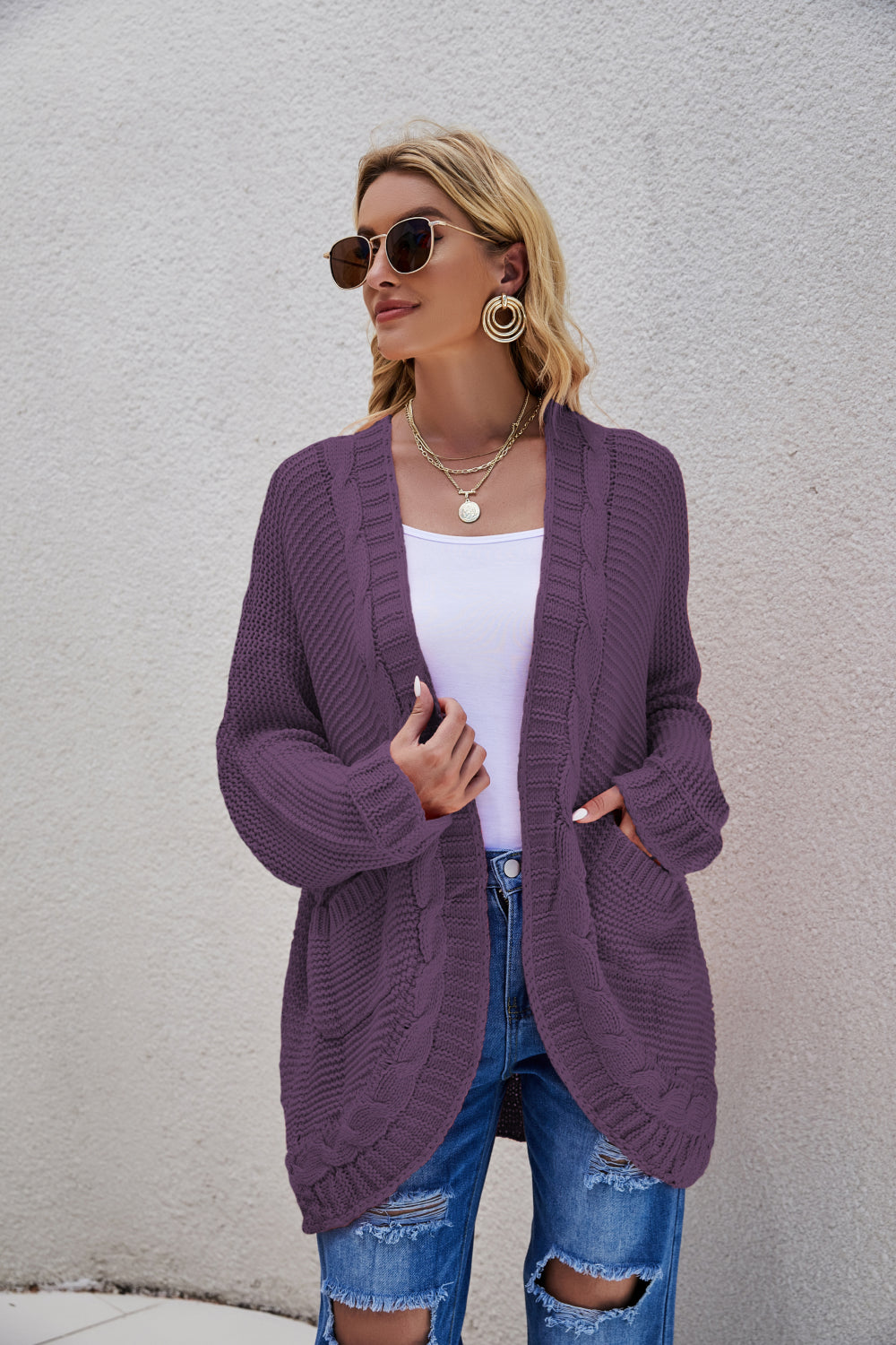 White Label Cable-Knit Curved Hem Open Front Cardigan Sweater Ribbed Trim in Various Colors