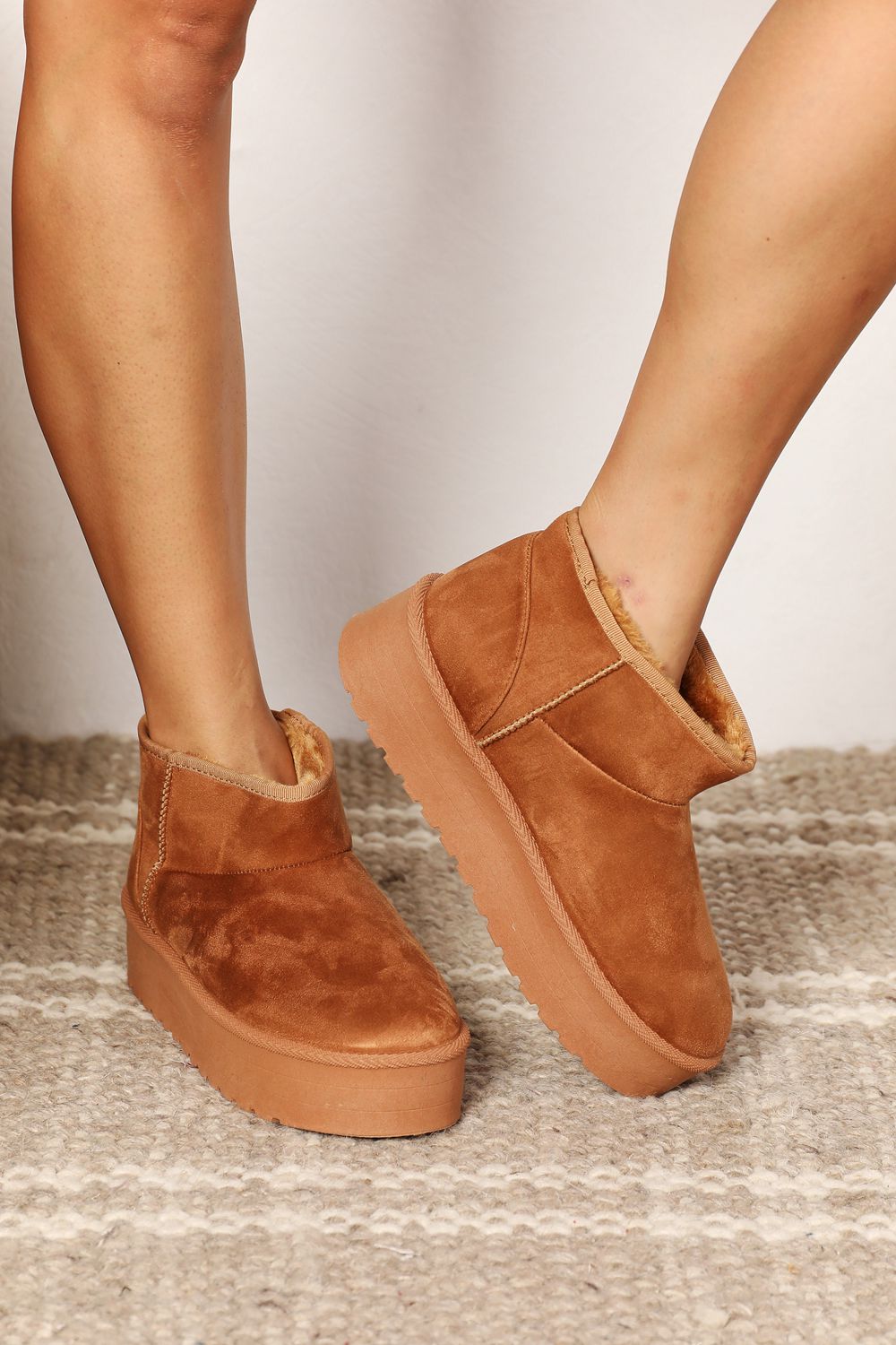Legend Platform Fleece Lined Chunky Thick Sole Mini Ankle Bootie Camel Tan Boots
