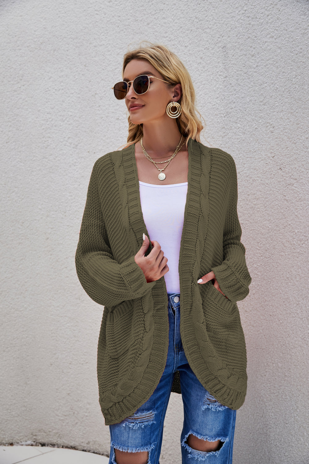 White Label Cable-Knit Curved Hem Open Front Cardigan Sweater Ribbed Trim in Various Colors