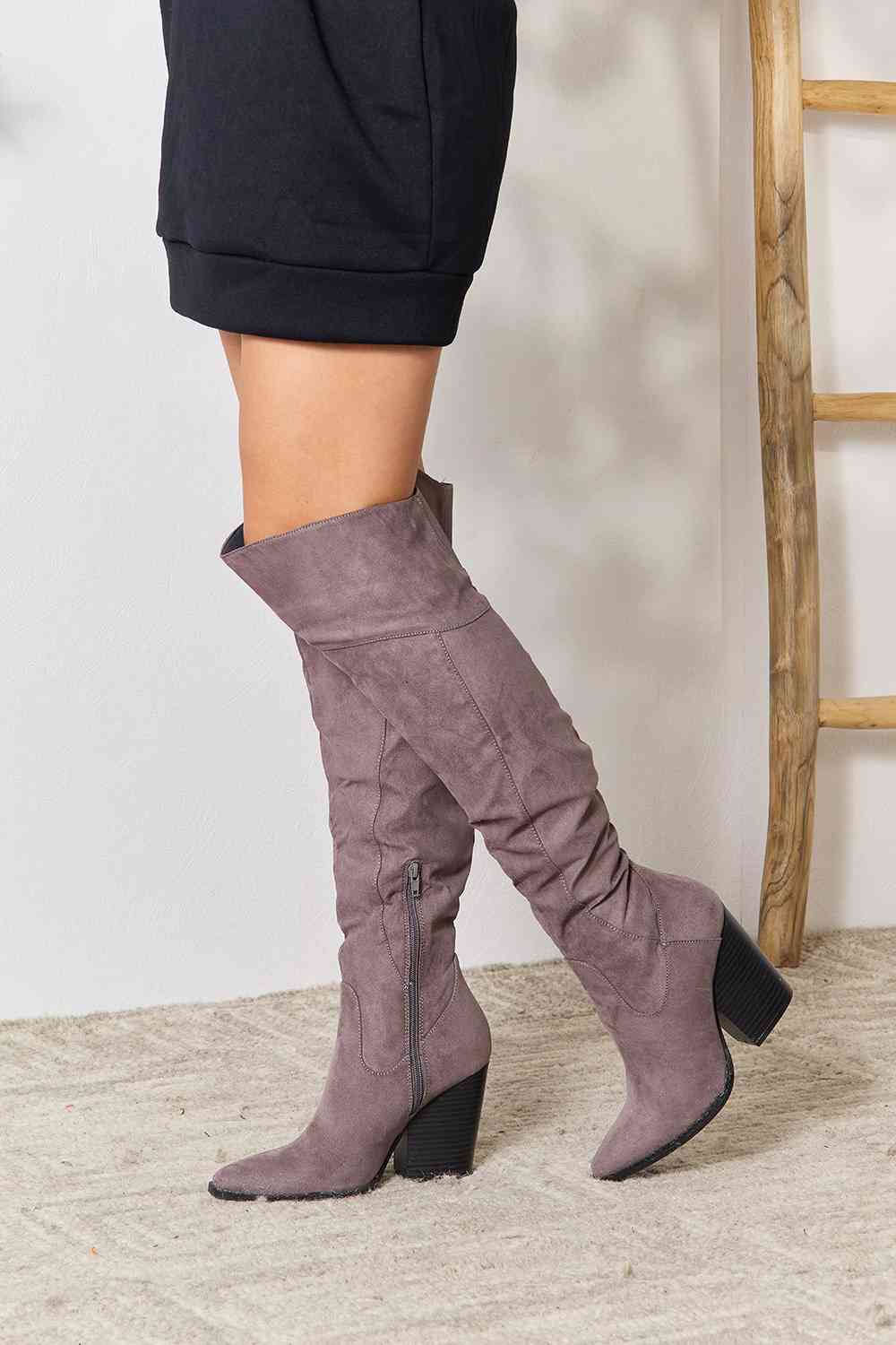 East Lion Corp Knee High Boots Block Heel Gray Faux Suede Riding Boots