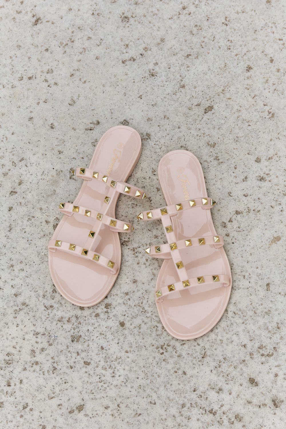 Forever Link Studded Cage Strap Slide On Slip In Flat Jelly Sandal in Light Apricot