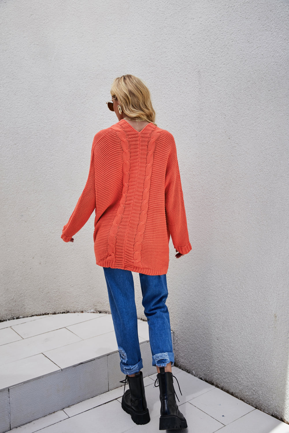 White Label Cable-Knit Curved Hem Open Front Cardigan Sweater Ribbed Trim in Various Colors