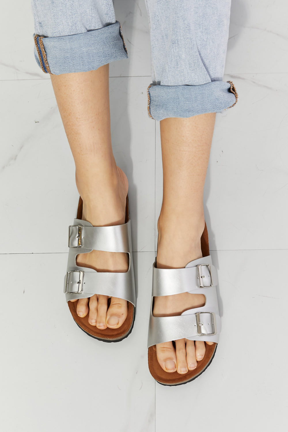 MMShoes Double Buckle Banded Slide On Flat Sandals in Silver Best Life Melody